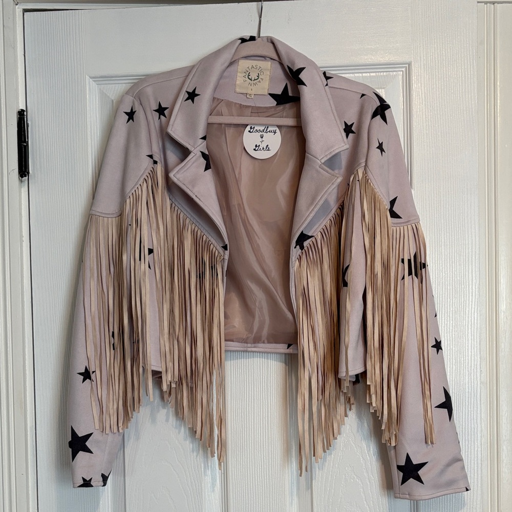 Fantastic Fawn Star Fringe Faux suede Jacket in Cream and Black